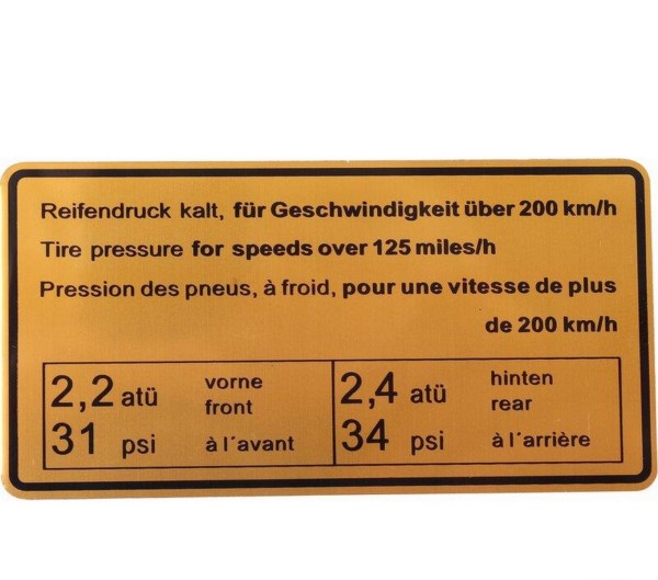 Zelfklevend bord bandenspanning voor PORSCHE 911 F 912 sticker 200 km/h