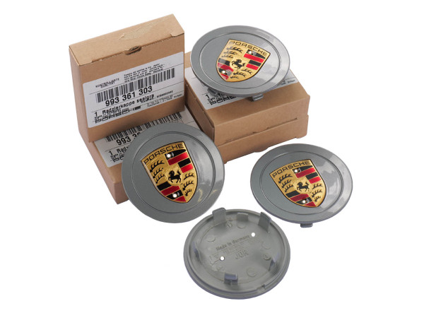 4x wheel hub caps ORIGINAL PORSCHE 986 Boxster SEAL GRAY COAT OF ARMS COLORED CONCAVE