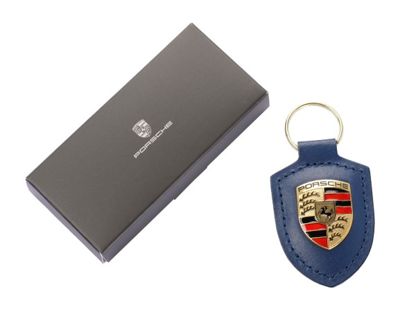 Schlüsselanhänger ORIGINAL PORSCHE METALL WAPPEN LEDER BLAU