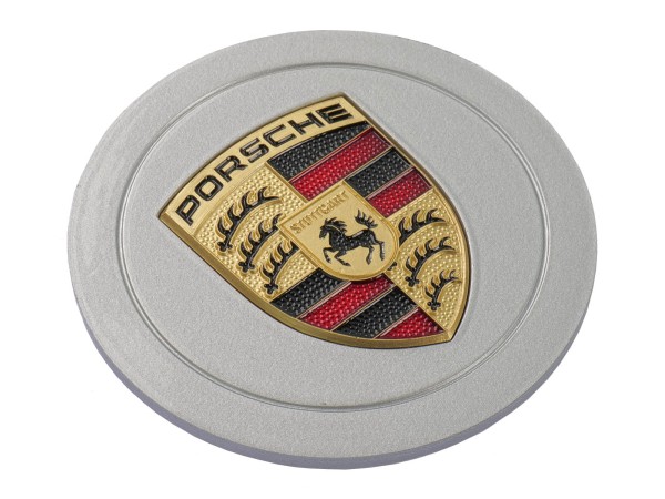 1x tampa do cubo da roda ORIGINAL PORSCHE 911 964 METAL PRATA BRASÃO COLORIDA