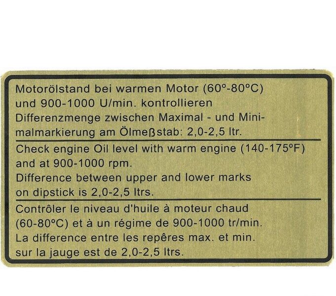 Adhesive Oil Level Label for PORSCHE 911 F/G up to -80...
