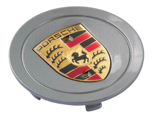 1x Wielnaafdop ORIGINEEL PORSCHE 986 Boxster SEAL GRIJS Crest GEKLEURD CONCAVE
