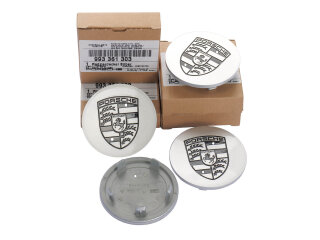 4 Tapas de Buje ORIGINALES PORSCHE 911 964 993 968 928 PLATA Escudo NEGRO