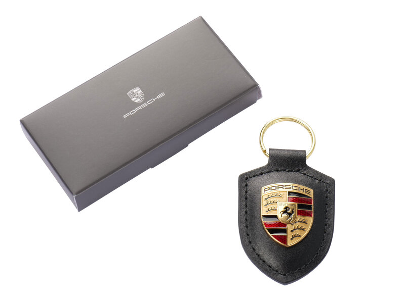 Porte-clés Porsche dorigine avec écusson en métal doré, cuir noir