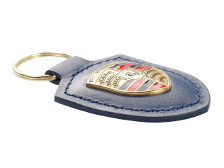Chaveiro Porsche Original em Couro Azul com Bras&atilde;o Met&aacute;lico